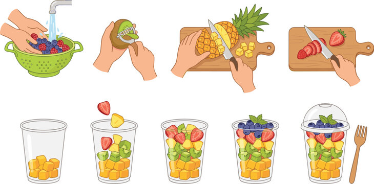 Fresh Fruit Salad Cup Preparation Steps Vector Illustration with Hands Washing Berries Peeling Kiwi Chopping Pineapple Cutting Strawberries Layering and Packaging