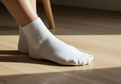 Woman legs in white socks on wood floor. Casual everyday routine and normal domestic lifestyle concept