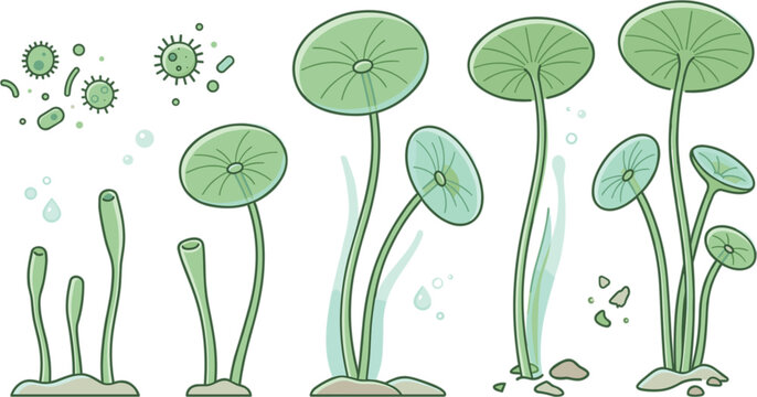 Algae Growth Life Cycle Stages from Microorganism to Aquatic Plant Flat Cartoon Vector Illustration
