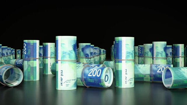 Camera Moving Across Rolled Israeli Shekel Banknotes, Realistic Currency Background, High-Quality 3D Animation