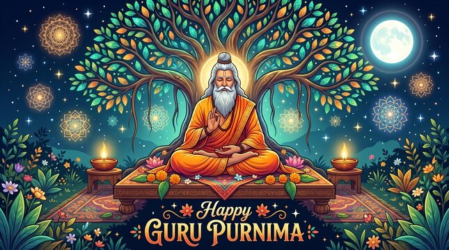Happy guru purnima celebration vector illustration with guru meditating under a tree design art image