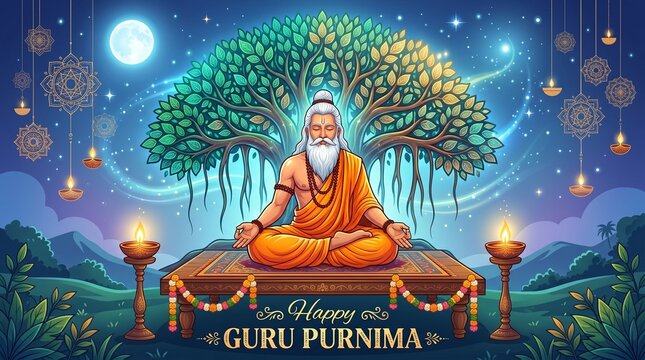 Happy guru purnima celebration vector illustration with guru meditating under a tree design art image