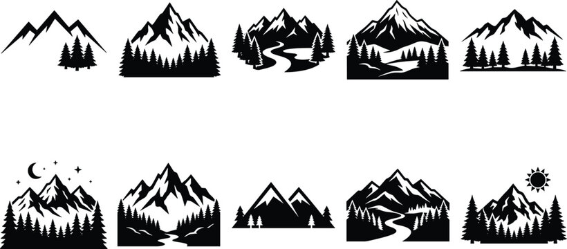 Mountain landscape collection ten black silhouette vector graphics for outdoor adventure branding
