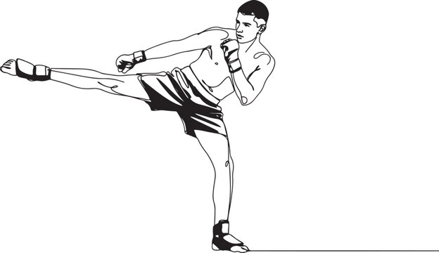 One continuous line drawing of young sporty man kickboxer athlete training powerful kick at gym center.one line vector illustration with white background