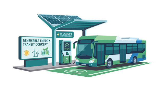 Electric Bus Charging at Solar Powered Station, Renewable Energy Transit Concept