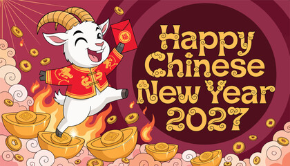 Fototapeta premium Happy Chinese New Year 2027 greeting card with cute cartoon goat holding a red envelope and jumping on gold ingots