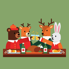 Fototapeta premium Cute Animals Celebrating Together at a Festive Dinner.