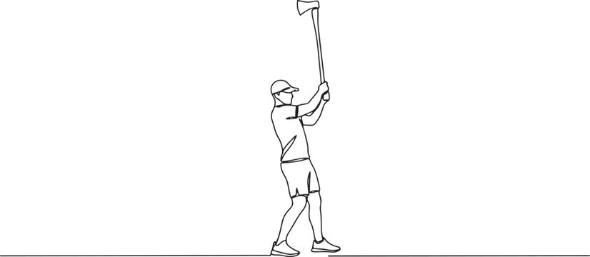 Single line drawing of a man with cap raising an axe overhead with both hands, sports concept.one line vector illustration with white background