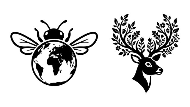 Eco friendly vector icons set with bee globe and deer head with leafy branch antlers for environmental conservation branding