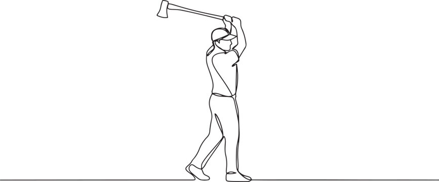 Single line drawing of a man with cap raising an axe overhead with both hands, sports concept.one line vector illustration with white background