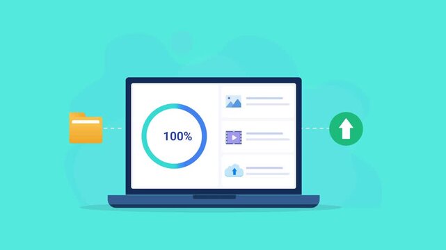 Animated flat vector illustration of a laptop displaying a cloud file upload dashboard with progress indicator, folder, and upload icons. Modern cloud storage, file transfer, and workflow technology c