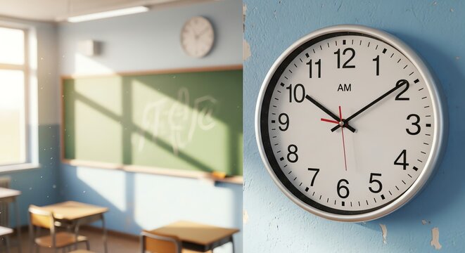 Close up of a wall clock inside a sunlit vintage school classroom