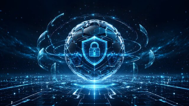 Futuristic digital sphere with a glowing blue lock icon inside a protective grid. Advanced illustration for global data security, blockchain and cybersecurity software.