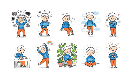 Fototapeta premium Collection of cartoon boy emotions and activities illustration.