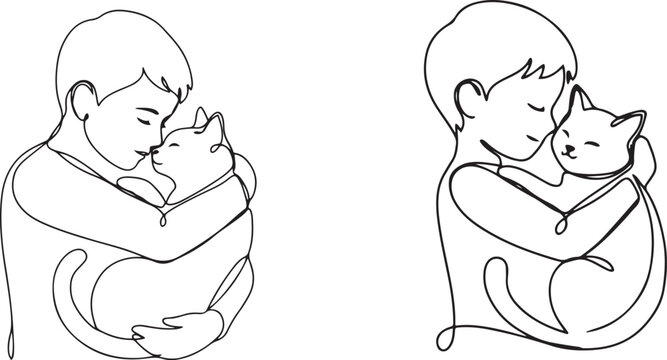 Single one line drawing a boy lovingly embracing and kissing cat. The pure and unconditional love between humans and animals.one line vector illustration with white background