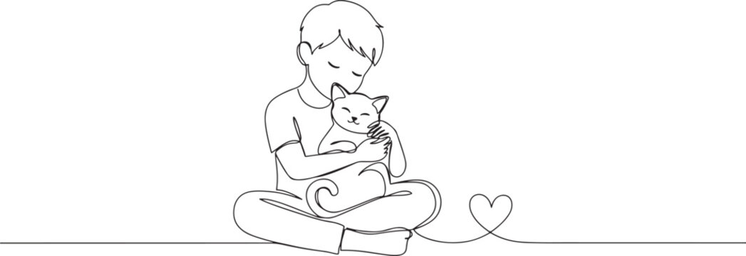 Single one line drawing a boy lovingly embracing and kissing cat. The pure and unconditional love between humans and animals.one line vector illustration with white background