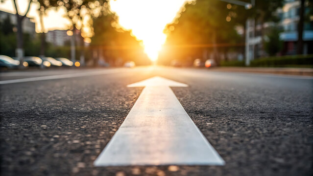 White painted arrow on asphalt road surface leading towards a bright sunset light on a suburban street with blurred trees and cars