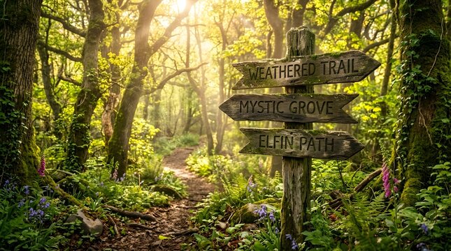 Enchanted Forest Path Signpost: Weathered Trail, Mystic Grove, Elfin Path