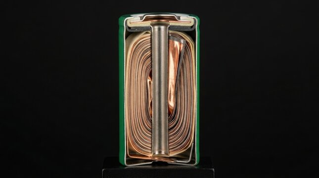 Cylindrical cell interior cross section, revealing wound jellyroll layers, lithium battery anode and cathode metallic foils, polymer separator membrane, central steel mandrel collector.