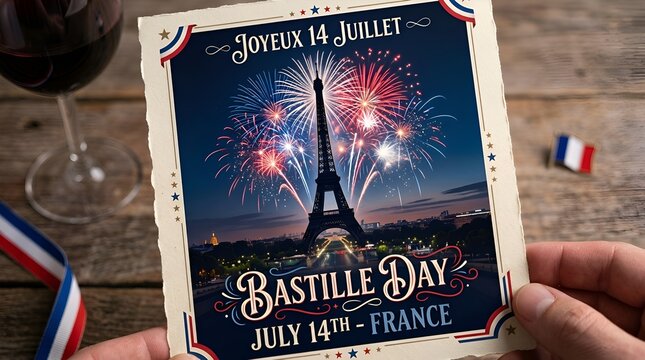Bastille Day Eiffel Tower Fireworks Card Greeting July 14 France Celebration