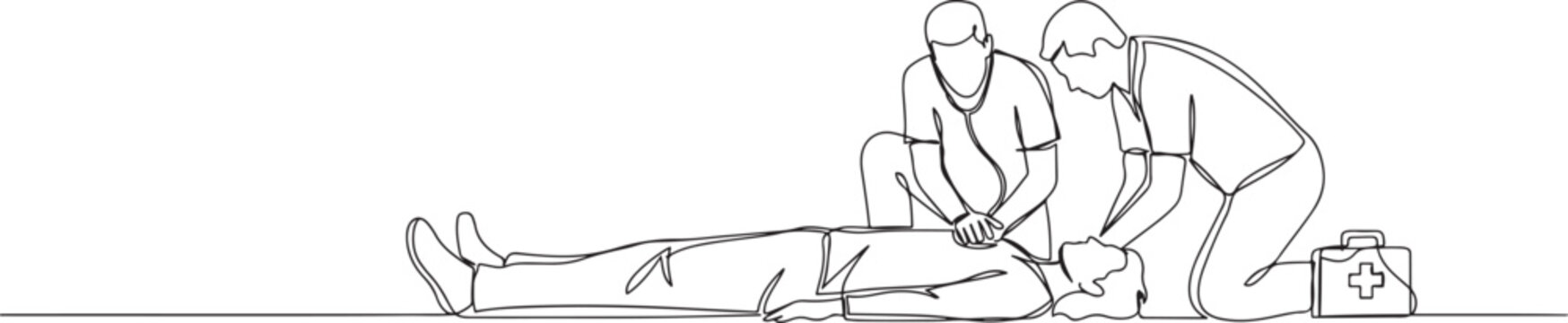 Single continuous line drawing emergency doctors doing cardiopulmonary resuscitation of a man. Paramedic giving indirect heart massage first aid to patient