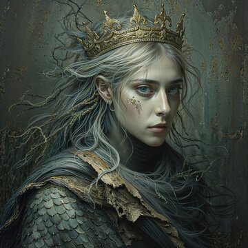 Generative AI , Fantasy queen portrait with crown and silver hair, dark fairy tale illustration
Keywords: fantasy queen, crown, silver hair, portrait, fairy tale, dark fantasy, princess, magica