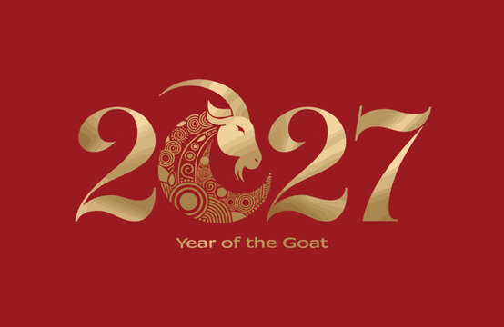 2027 Year of the Goat golden logo with ornamental crescent moon on red background
