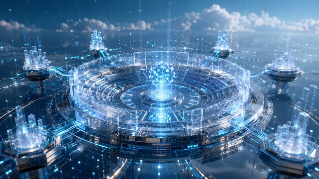 glowing blue circular arena with a central data sphere perfect for digital sports high tech collaboration and central processing network conceptual art