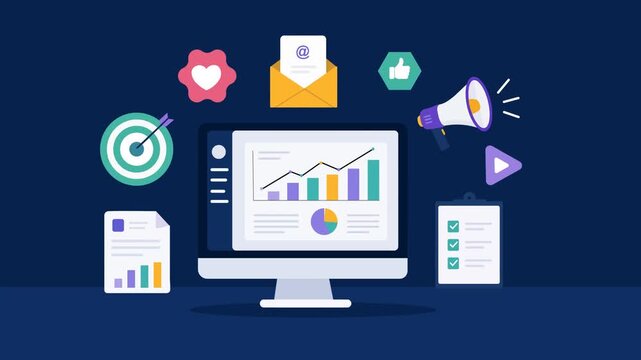 Digital Marketing Analytics Dashboard With Social Media Growth Strategy Animation with Copy space. 
Flat Design of Computer with Email Marketing, Social Engagement, Advertising, and Growth Icons