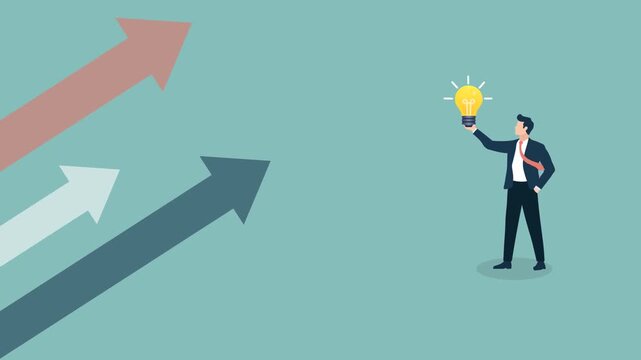 Businessman Holding Light Bulb With Upward Growth Arrows Business Success Concept Flat Design Animation with Copy space.  Creativity and Business Progress. 