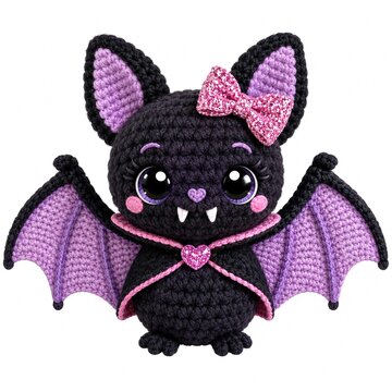 Adorable crocheted bat with a pink bow, perfect for celebrating Halloween or adding charm to your crafts collection.