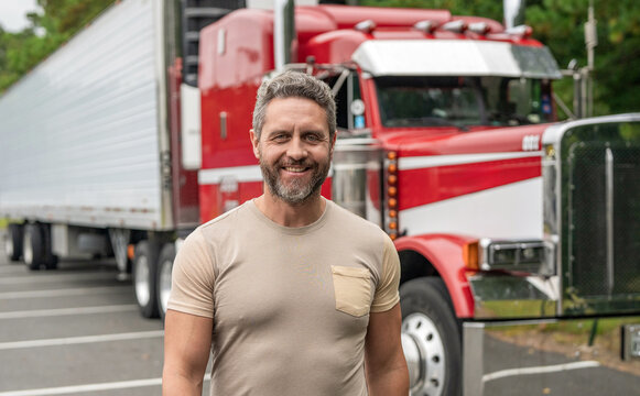 Transportation cargo vehicle. Semi trucks vehicle. Hispanic man trucker. Handsome man truck driver. Trucking owner. Truck driver. Man trucker driver at his lorry truck. Man at truck stop