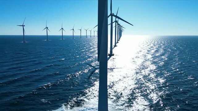 Offshore wind farm workers maintain turbines in ocean during sunny day