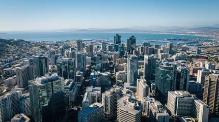 Obraz premium Aerial view of modern city skyline by the sea.