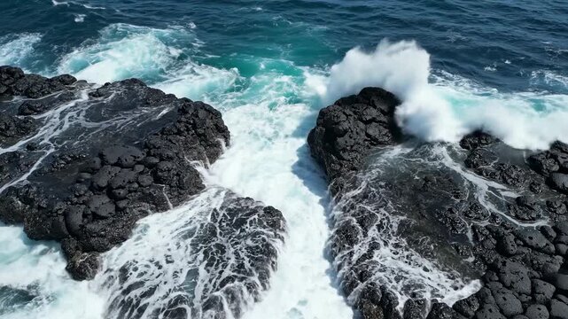 Waves crash on rocky shore creating mist and spray during sunny day at coastal location