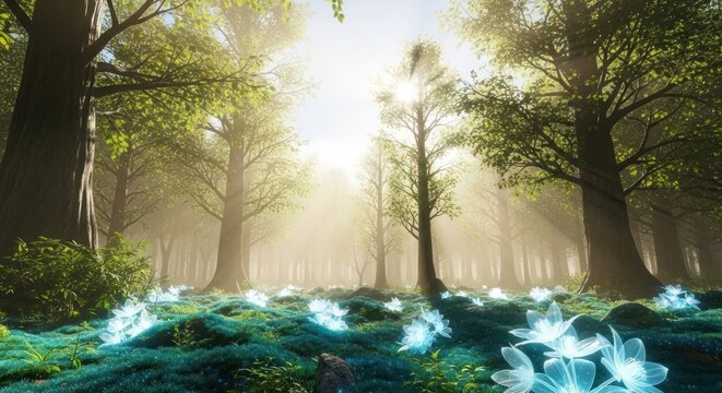 Glowing blue flowers blooming on a mossy forest floor with tall trees and bright sunlight streaming through the canopy in a serene and magical woodland landscape scene