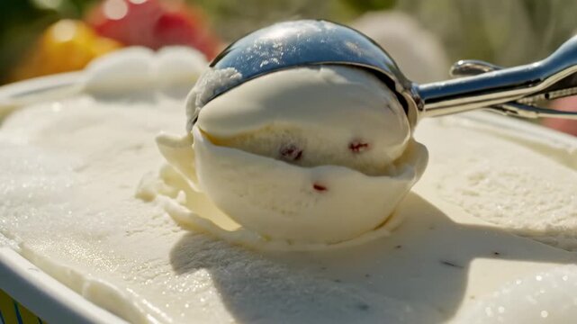 Scooping ice cream from a tub on a sunny day at a picnic