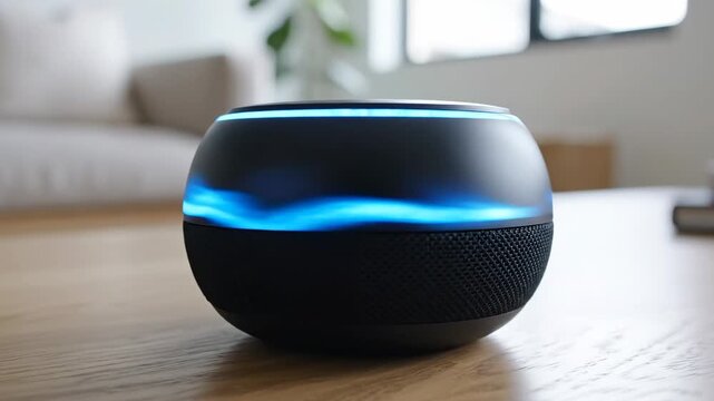 Smart speaker plays music in a living room with natural light and wooden furniture