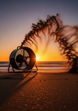 Industrial fan on beach at sunset