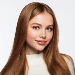 Fototapeta premium A young woman with long, flowing hair and a gentle smile, exuding confidence and warmth in a minimalist setting.