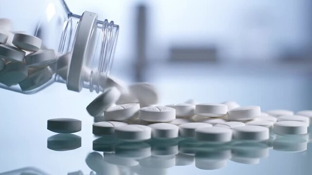 Pills spill from a bottle in a quiet room during daylight hours