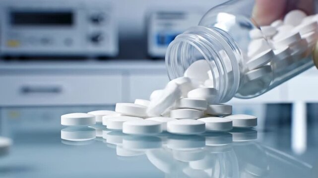 White pills fall from a clear bottle on a glass surface near medical equipment in a healthcare setting