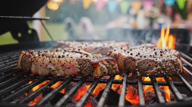 Grilling steaks on a barbecue in the park at sunset with friends and family gathering around