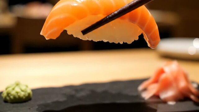 Enjoying sushi at a restaurant with salmon nigiri served on a black plate