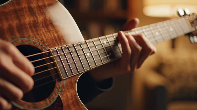 Playing guitar in a cozy room during the evening with warm light