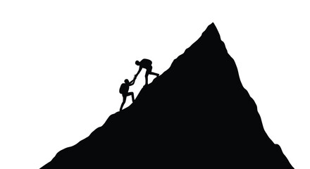 Obraz premium Two Climbers Assisting Each Other On A Mountain Black Silhouette