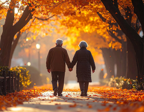 Senior Asian couple walking among autumn leaves in a park rear view