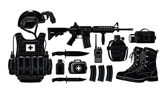 Military Equipment Collection In Black Silhouette assault
