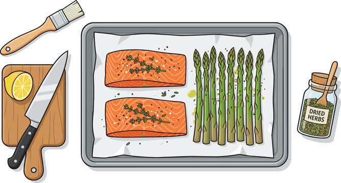 Healthy Keto Baked Salmon and Asparagus Sheet Pan Meal Flat Lay Vector Illustration with Fresh Fish Fillets Parchment Paper Cutting Board and Seasonings