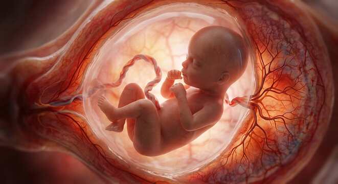 3D medical illustration of a human fetus in the womb, showing umbilical cord and uterine blood vessels, highlighting prenatal development and reproductive anatomy.